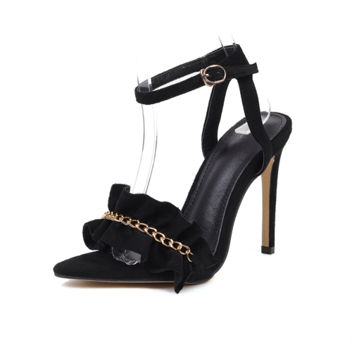 Sandalias de tacón de aguja con tiras de cadena negra Zapatos con hebilla de correa de tobillo con volantes