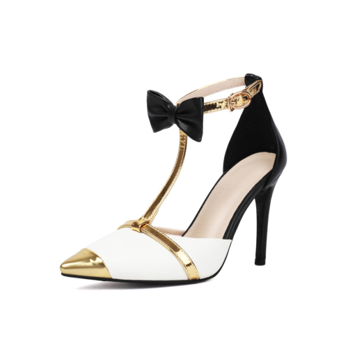Tacones de aguja con lazo en blanco y negro Zapatos de tacón D'orsay con correa en T Zapatos de baile