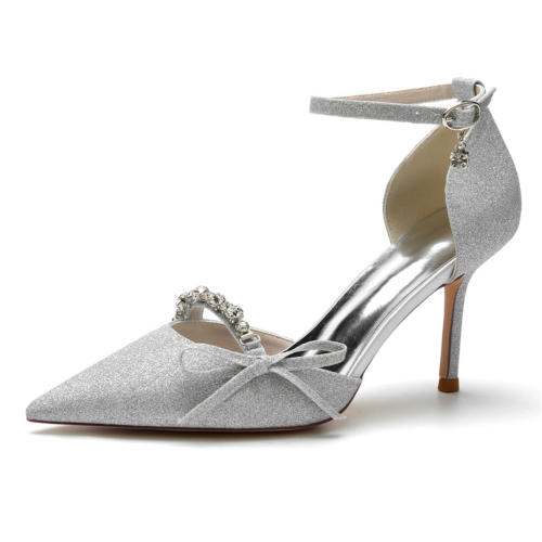 Zapatos de tacón de aguja con lentejuelas y lazo de diamantes de imitación plateados para novia con purpurina D'orsay