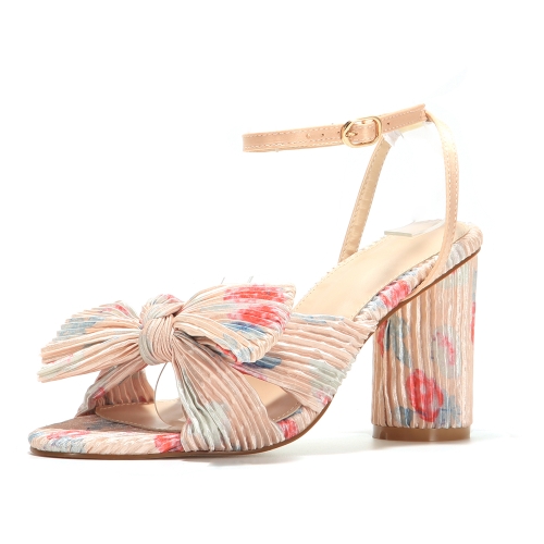 Sandalias de tacón grueso con nudo de mariposa Sandalia con tira al tobillo y puntera abierta