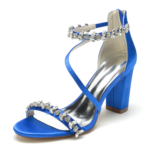 Sandalias de satén con correa cruzada de diamantes de imitación de tacón grueso azul real para vestidos, sandalias de fiesta, zapatos