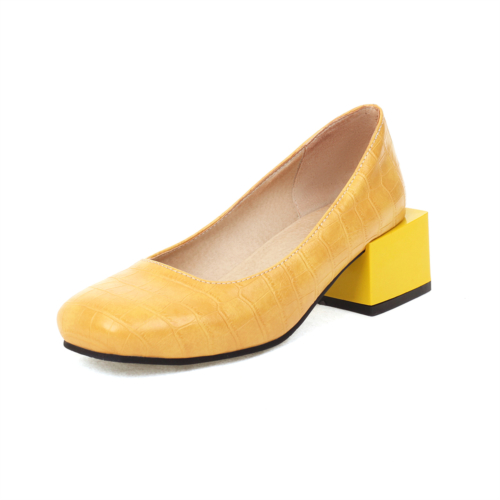 Zapatos de tacón de bloque bajo cómodos amarillos Zapatos de punta cuadrada con efecto Snkae