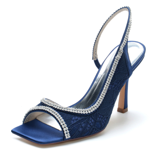 Sandalias de boda con tacón de aguja y punta abierta de encaje azul marino Zapatos de fiesta con diamantes de imitación