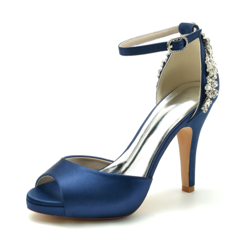 Zapatos de boda con punta abierta de satén azul marino Sandalias con plataforma de tacón de aguja con correa en el tobillo