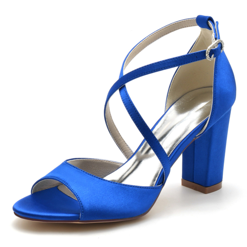 Sandalias de boda de tacón grueso con correa cruzada y punta abierta azul real Zapatos de novia