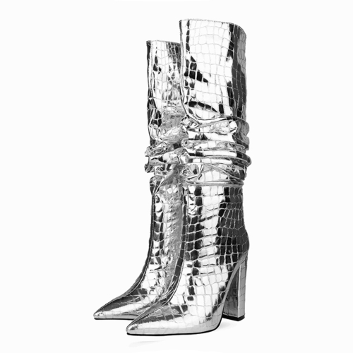 Botas altas hasta la rodilla metalizadas con tacón en bloque y estampado de cocodrilo con punta en punta plateadas