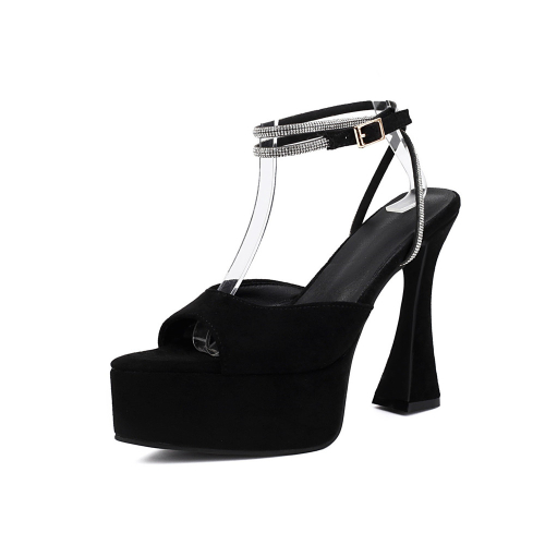 Sandalias de plataforma con cordones y diamantes de imitación negros, zapatos de fiesta con tacones de carrete