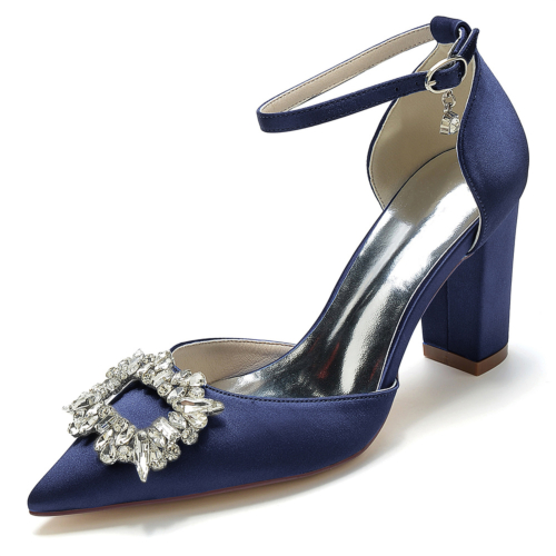 Zapatos de tacón grueso con correa en el tobillo y punta estrecha con diamantes de imitación azul marino Zapatos de boda de satén