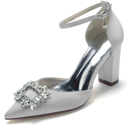 Zapatos de tacón grueso con correa en el tobillo y punta estrecha con diamantes de imitación plateados, zapatos de boda de satén