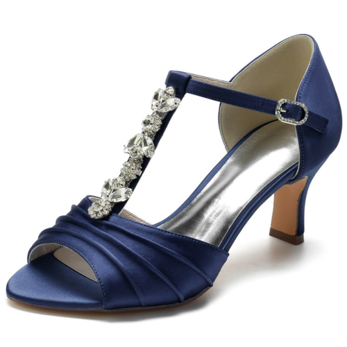 Sandalias peep toe con correa en T y diamantes de imitación azul marino Tacones medios nupciales D'orsay
