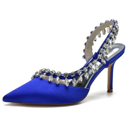 Zapatos de novia de tacón de aguja con punta en punta de diamantes de imitación de satén azul real