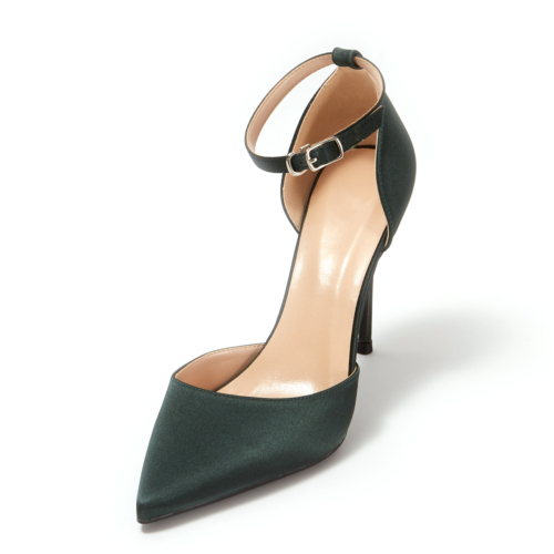 Zapatos de tacón de aguja con correa en el tobillo D'orsay con punta en punta de satén verde