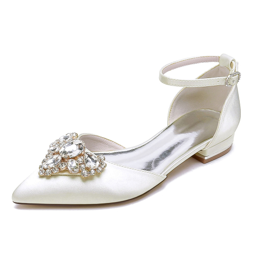 Ivory Satin Pointed Toe Flat Ankle Strap Wedding Shoes