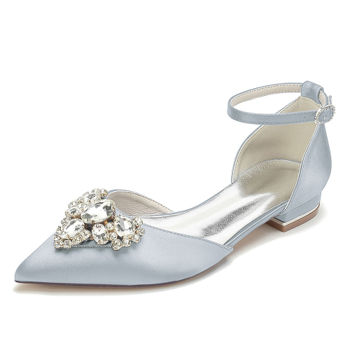 Silver Satin Pointed Toe Flat Ankle Strap Wedding Shoes