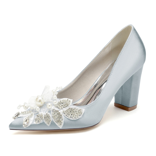Silver Satin Rhinestone Flowers Bride's Wedding Pumps with Comfortable Chunky Heel