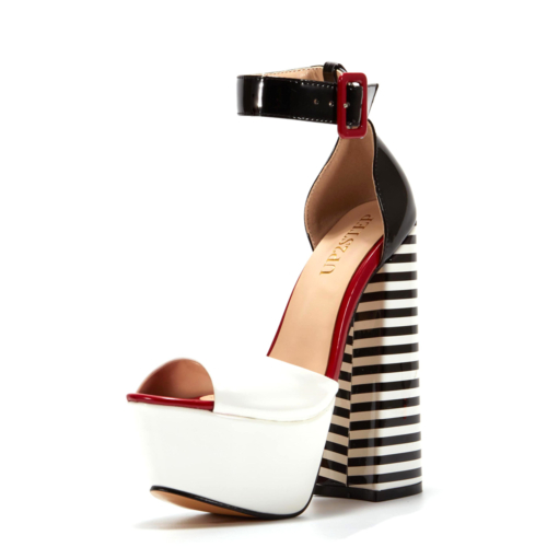 Sandalias de plataforma con tacón grueso a rayas blancas y negras, zapatos con hebilla y correa en el tobillo