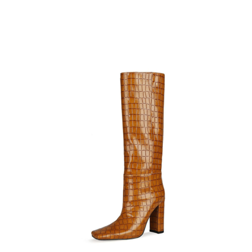 Botas de tacón alto hasta la rodilla con estampado de cocodrilo marrón Botines de punta cuadrada para mujer