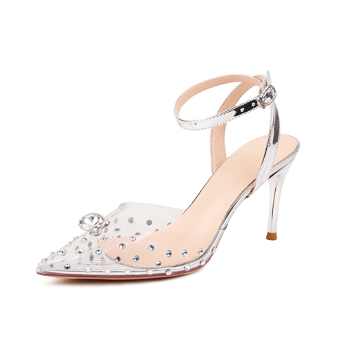 Zapatos de tacón transparente con tiras en el tobillo con diamantes de imitación plateados, zapatos de boda con talón descubierto