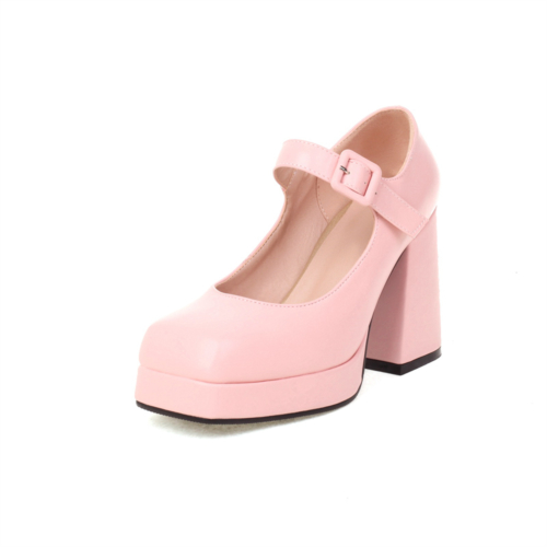 Zapatos Mary Jane de tacón cuadrado con plataforma y punta cuadrada de cuero vegano rosa