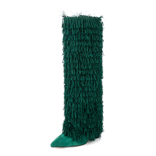 Botas con pliegues peludos con flecos de tela verde Botines hasta la rodilla con punta en pico y tacón grueso