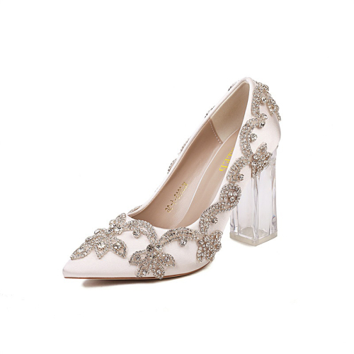 Bombas de boda de flores de diamantes de imitación blancas Zapatos de fiesta de tacones gruesos transparentes