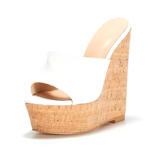 Sandalias de playa con tacón de cuña blanco, zapatos de mulas con tacón de madera