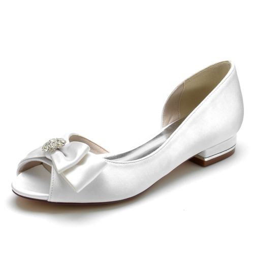 Zapatos de boda planos de novia con punta abierta y lazo de diamantes de imitación para mujer