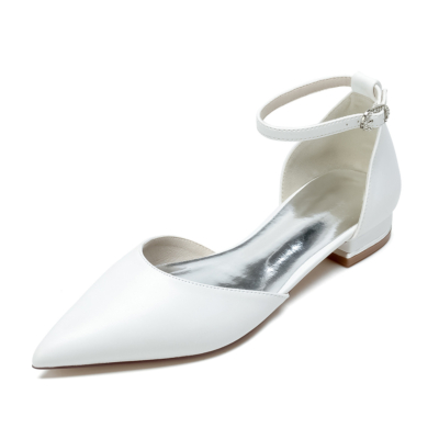 Zapatos planos de boda con correa en el tobillo de punta estrecha de satén blanco