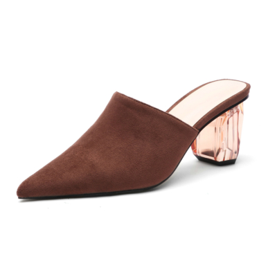 Zapatos sin cordones de mules de ante con tacón de bloque transparente para mujer de color marrón