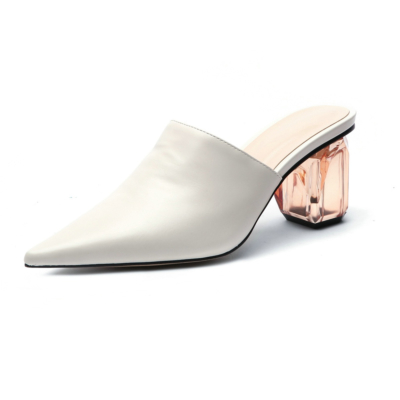 Blanco 2022 Zapatos de punta sin cordones con tacón de bloque transparente para mujer