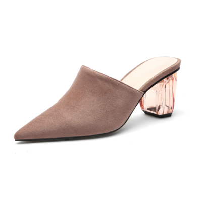 Apricot Mujer Clear Block Heel Suede Mulas Slip-on Zapatos puntiagudos