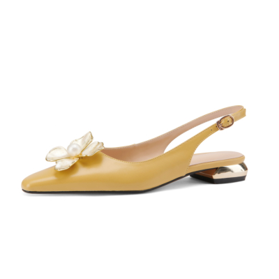 Zapatos planos de flores de boda amarillos Hebilla Slingback Novia Zapatos de cuero