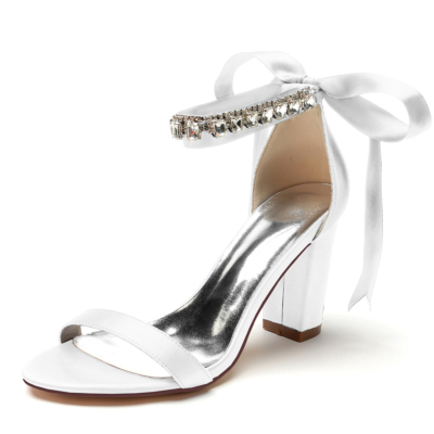 Sandalias de boda con lazo en la parte posterior y punta abierta blanca Zapatos de tacón con correa en el tobillo con diamantes de imitación