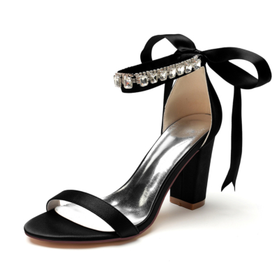 Sandalias negras con punta abierta y lazo en la espalda para boda, zapatos de tacón con correa en el tobillo y diamantes de imitación