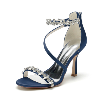 Sandalias de boda con tacón de aguja y punta abierta con diamantes de imitación de satén azul marino