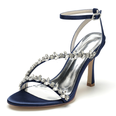 Sandalias de fiesta de tacón con correa en el tobillo con correa de diamantes de imitación azul marino