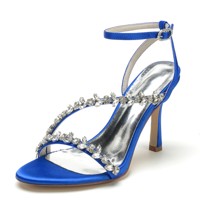 Sandalias de fiesta de tacón con correa en el tobillo con correa de diamantes de imitación azul real