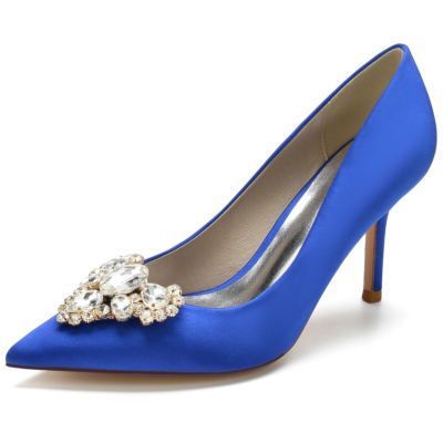 Zapatos de tacón de aguja con punta estrecha y diamantes de imitación de satén para mujer azul real