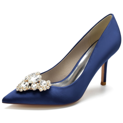 Zapatos de tacón de aguja con punta en pico y diamantes de imitación de satén para mujer de color azul marino
