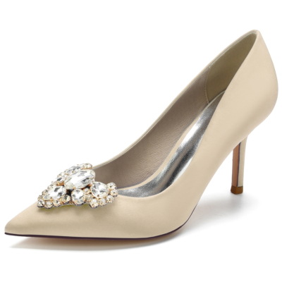 Champange Zapatos de tacón de aguja con puntera en punta y diamantes de imitación de satén para mujer