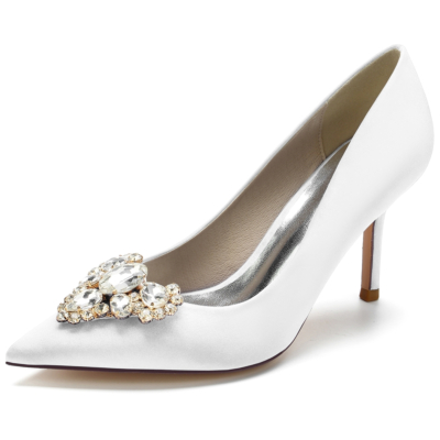 Zapatos De Tacón De Aguja Con Punta En Punta De Diamantes De Imitación De Satén De Mujer Blanco