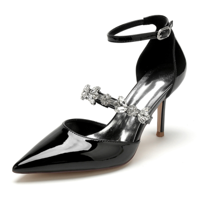 Zapatos de tacón medio D'orsay con correa en el tobillo negros con correa de diamantes de imitación