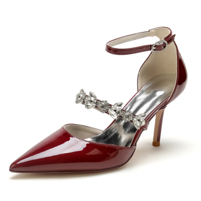 Borgoña Tobillo Correa D'orsay Zapatos de tacón medio con correa de diamantes de imitación