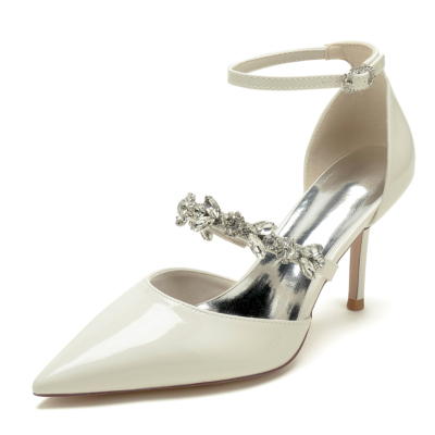 Zapatos de salón de tacón medio D'orsay con correa de tobillo beige con correa de diamantes de imitación
