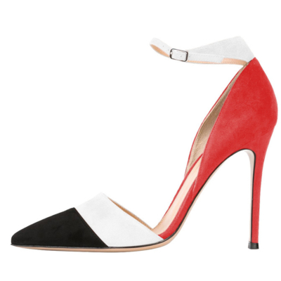 Zapatos de tacón alto con correa en el tobillo rojo, zapatos de trabajo de 5 pulgadas, zapatos de tacón de aguja D'orsay