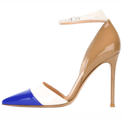Zapatos de tacón alto azul y nude, zapatos de trabajo de 5 pulgadas, zapatos de tacón de aguja D'orsay con correa en el tobillo