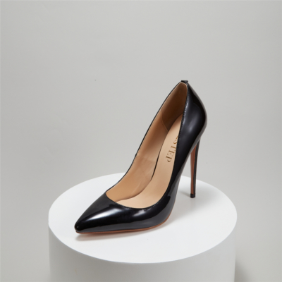Zapatos de salón negros de tacón alto de aguja de 5 pulgadas para damas de oficina con punta en punta