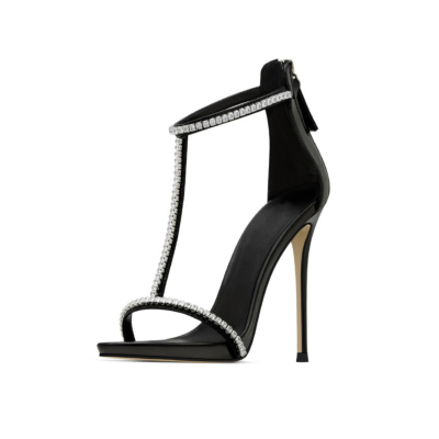 Sandalias de fiesta con correa en T de cristal negro, zapatos de tacón de aguja de 100 mm con cremallera trasera
