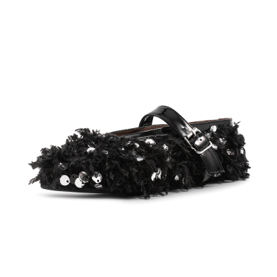 Zapatos planos de lentejuelas de piel sintética negros Bailarinas con punta redonda y hebilla