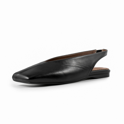 Zapatos planos con tira trasera y corte en V de cuero negro Cómodos zapatos planos anchos con punta cuadrada